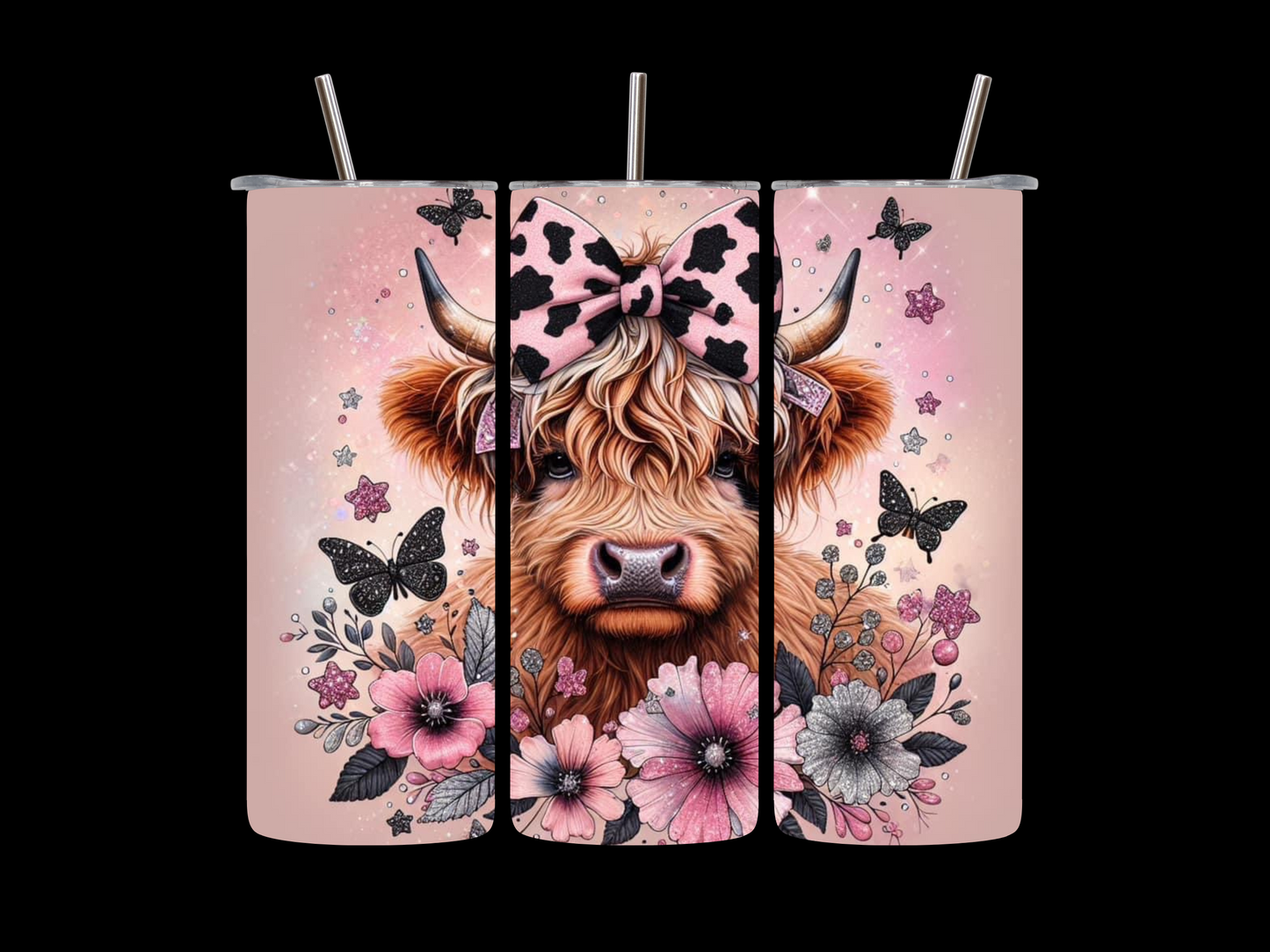 Pink and Black Hyland Cow Tumbler 20oz Skinny Tumbler